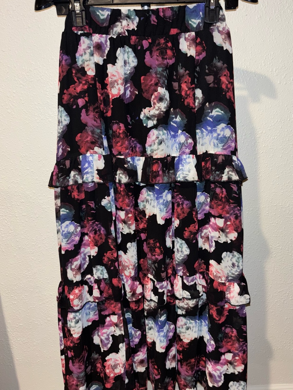 torrid Black Floral Tiered Maxi Skirt with Pink Purple and White Blooms